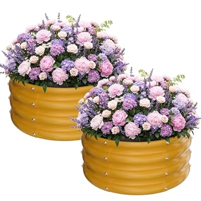 ZXZYHFTY Round Galvanized Raised Garden Bed kit,Yellow Outdoor Garden Raised Planter Box, Round Large Metal Raised Garden Beds for Vegetable 2 * 2 * 1ft 2 Pcs