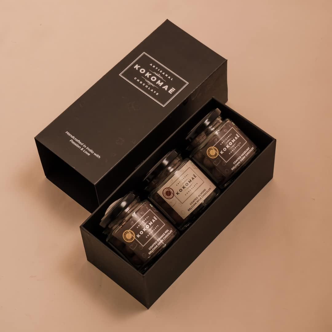 Kokomae - Chocolate Gift Hamper (Assorted Dragees),Dark chocolate-coated macadamias, dark chocolate-coated hazelnuts, and Dark chocolate-coated Orange Peel