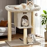 Small Cat Tree Tower for Indoor Large Cats, Cat Scratching Post with Big Perch Bed, 28in Tall Trees House with Condo Cave, Toy Balls, Modern Climbing Furniture Big Platform for Kitten (Light Gray)