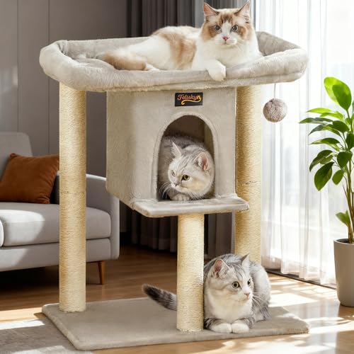 Cat Tree Tower Scratching Post for Indoor Large Cats Small Cat Tree with Big Perch Bed 28in Tall Trees House with Condo Cave Toy Balls Modern Climbing Furniture Platform for Kitten (Light Gray)