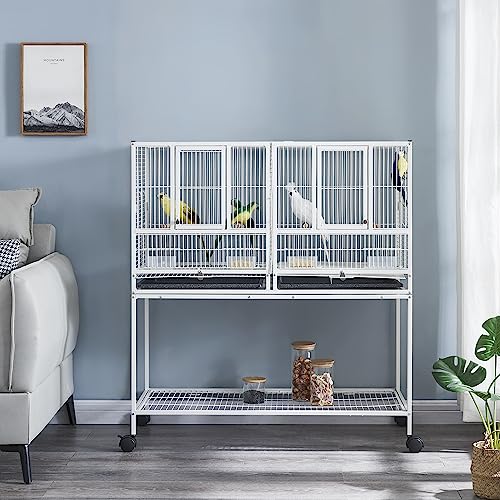 Large Bird Cages Parrot Cage Wide Flight Metal Animal Cage for Budgie Parakeet Conure With Rolling Stand Wheels (White, 95L x 45.5W x 105H)