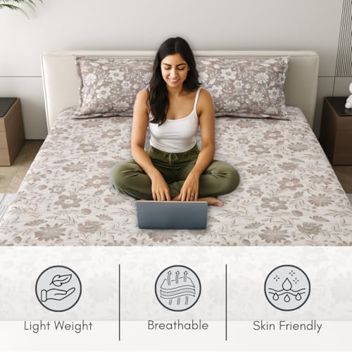 Image of Mafatlal 186 Tc Corsica Cotton Bedsheet King Size | 108 X 108 Inches | Summer Relaxing Sheet for Relaxing Sleep | Premium Bedding with 2 Pillow Covers | Taupe Grey