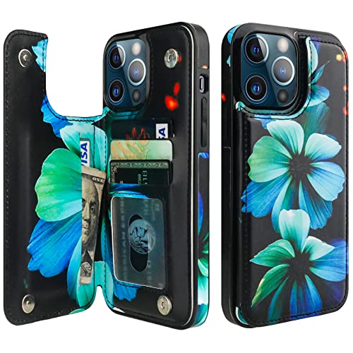 Image of HAOPINSH for iPhone 13 Pro Max Wallet Case with Card Holder, Blue Floral Flower Pattern Back Flip PU Leather Kickstand Card Slots Case for Girls Women, Double Magnetic Clasp Shockproof Cover 6.7 inch