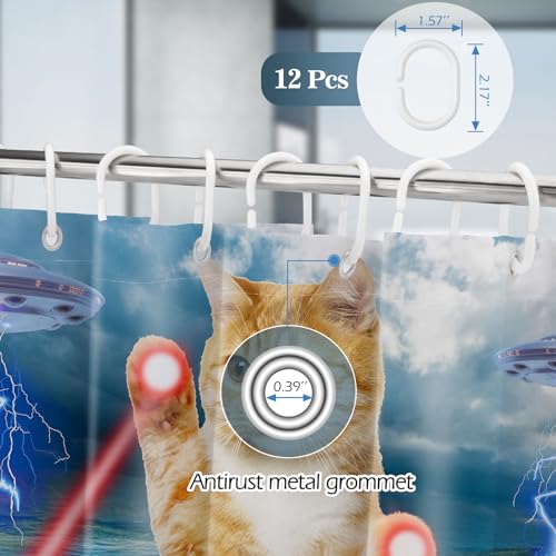 Image of Aimego Stall Small Shower Curtain - Funny Cute Cool Ocean Cat with Weird Adults Beach UFO Fun Narrow Half Fabric Cloth Shower Curtain Set for Bathroom Decor Accessories Bath Curtain, 36 inchx72 inch