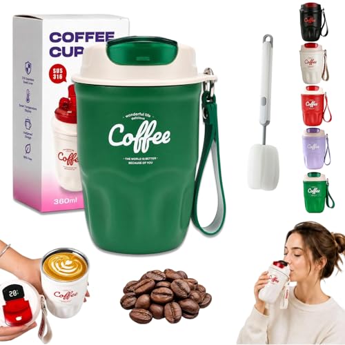Image of Coffee Vacuum Flask, 12oz Durable Insulated Tumbler Built-in LED Temperature Display, 316 Stainless Steel Travel Coffee Mug for Home, Office, And Outdoor Use (Smart temperature display-Green)