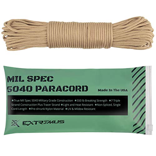 Extremus True Mil Spec 5040 Paracord, Made In The Usa, Military Grade 550 Lbs Breaking Strength, 7 Twisted Nylon Strands Plus Tracer Strand, Uv Resistant, Color Fast, Desert Sand, 25 Feet #TOP19