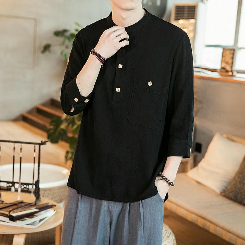 Col montant rétro en coton et lin de style chinois pour homme chemise lin été - 2