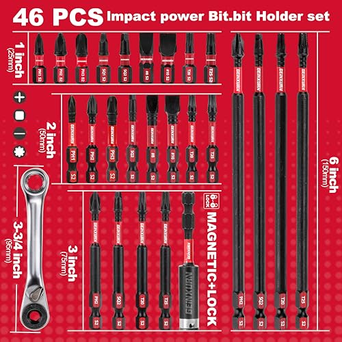 Geinxurn GAIM046-H Impact Tough Magnetic Mixed 46Pack Insert Driver Bits, S2 Alloy Steel Screwdriver Power Bits Set With 1Pcs Impact Magnetic Bit Holder And Mini Wrench thumb #3