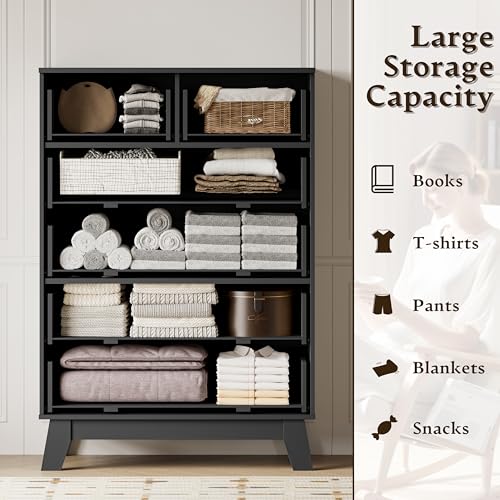 Image of BORNOON 46 inch Tall Dresser for Bedroom, 6-Drawer Fluted Chest of Drawers, Modern Wood Highboy with Deep Storage, Metal Slides and Handles, Anti-Tip Kit, Vertical Clothes Organizer for Apartment, Nursery