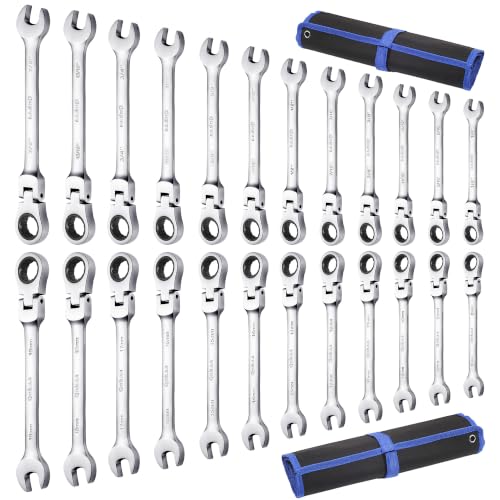 Image of Qnkaa 24pcs Flexible Ratcheting Wrench Set Metric 8-19mm & SAE 1 /4 inch to 7 /8 inch | 180 Flex-Head Spanner, Gear Ring Ratchet, Combination Wrenches Kit,,Cr-V Steel With Pouches