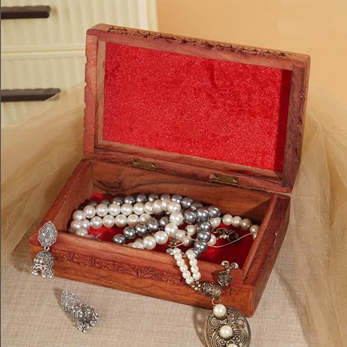Ajuny Handmade Antique Wooden Jewelry Box | Hand carved Multipurpose Keepsake Rosewood Storage Ladies Retro Travel Mini Organizer | Vintage Decorative Chest Trinket Holder Gift (8x5x2.5 Inch)