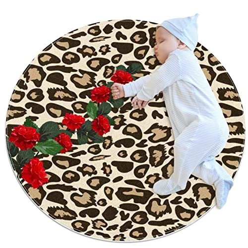 Alfombras Estampado de Leopardo y Rosas Rojas Alfombra Redonda Antimanchas de Juego 2