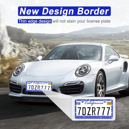 Image of Amiss Bling License Plate Frame for Women, 2Pack Rhinestone Handcrafted Crystal Premium Stainless Steel, Stainless Steel Car Decorative Accessories with Diamond Sparkle Glitter Caps (Blue)