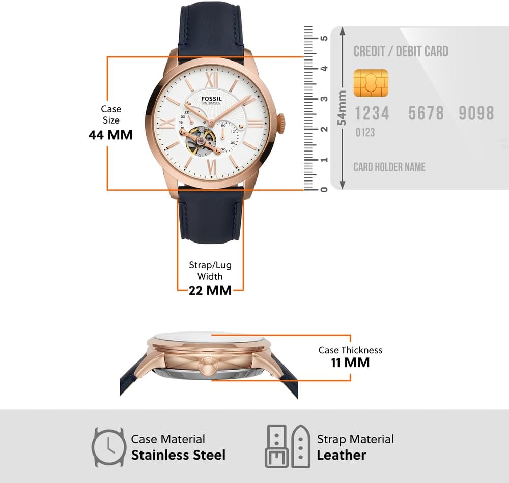 Fossil Men's Townsman AUTO Stainless Steel Automatic Watch with Leather Strap, Blue, 22 (Model: ME3171)