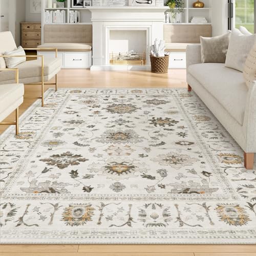 Lahome Vintage 8x10 Rug for Living Room,Low-Pile Soft Farmhouse Bedroom Rug Washable Area Rugs,Non-Slip Oriental Large Indoor Floor Carpet for Dining Room Playroom - Ivory 8' x 10' Ivory
