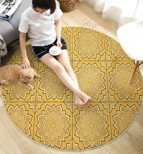 Tapis poils courts mandala jaune doré 200cm antidérapant