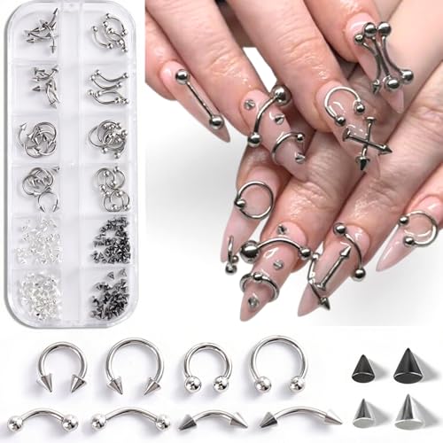 Furtherpretty Piercing Nail Charms Set, 3D Silver Alloy Goth Punk Nail Art Decorations, Triangle Spike Rivets & Metal Rings, Y2K Pierced Nail Charms for DIY Manicure & Salon Accessories