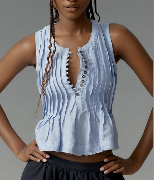 Women Y2K Tie Up Smocked Tank Tops Sleeveless Crew Neck Crop Shirred Top Cute Going Out Ruched Peplum Shirt - Image 3