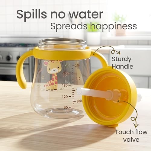 Image of LuvLap Joy Anti Spill Sipper for Kids with Twin Easy-Grip Handles, 270 ml, Sippy Cups with Soft Silicone Straw, Training Cup for Kids,Water Bottle, Non-Toxic & BPA Free, 1 Year+ (Yellow)