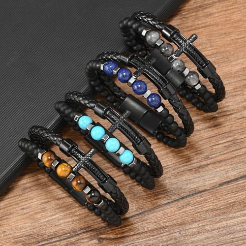 Black Mens Cross Bracelet,Multi-Layer Christian Cross Natural Tiger Eye/Turquoise/Lapis Lazuli/Grey Obsidian Beaded Braided Leather Bracelet Jewelry for Men Father with Stainless Steel Clasp4