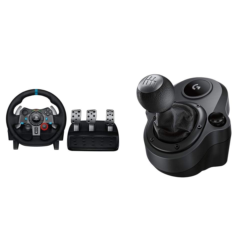 Logitech G G29 Volante y Pedales de Carrera, Force Feedback, para PS5, PS4, PC y MAC y Palanca de Cambio para Volante, 6 Velocidades, Marcha Atrás a Presion, Acero y Cuero auténtico