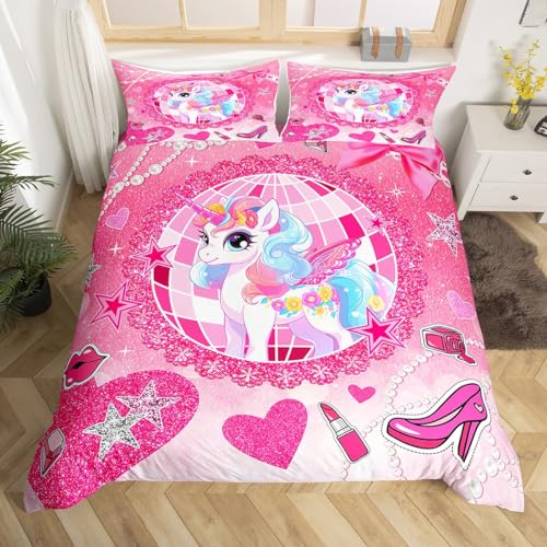 Cartoon Unicorn Kids Duvet Cover Set Full Size,Bowknot High-Heeled Shoes Lip Romantic Bedding Set,Girls Women Room Decor,Stars Sparkling Princess Comforter Cover,Pink Cute Quilt Cover,2 Pillowcases