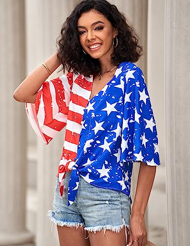 Luvamia Women's V Neck Tops 3/4 Bell Sleeve Blouses Forth Of July Outfit American Flag Shirt Womens Patriotic Tops American Flag Print Size Xx-Large Fits Size 20 / Size 22 #TOP2