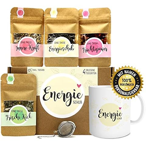 Energieschub Tee Geschenk-Set mit 4 verschiedene Sorten und Tasse Cover