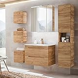 3x Hängeschrank, gedämpfte Tür(re/li), B/H/T 35/35/20cm; Spiegelschrank, verchromte 60cm LED-Leuchte 3 Spiegeltüren, 2 Einlegeböden, B/H/T 80/75-80/16 cm