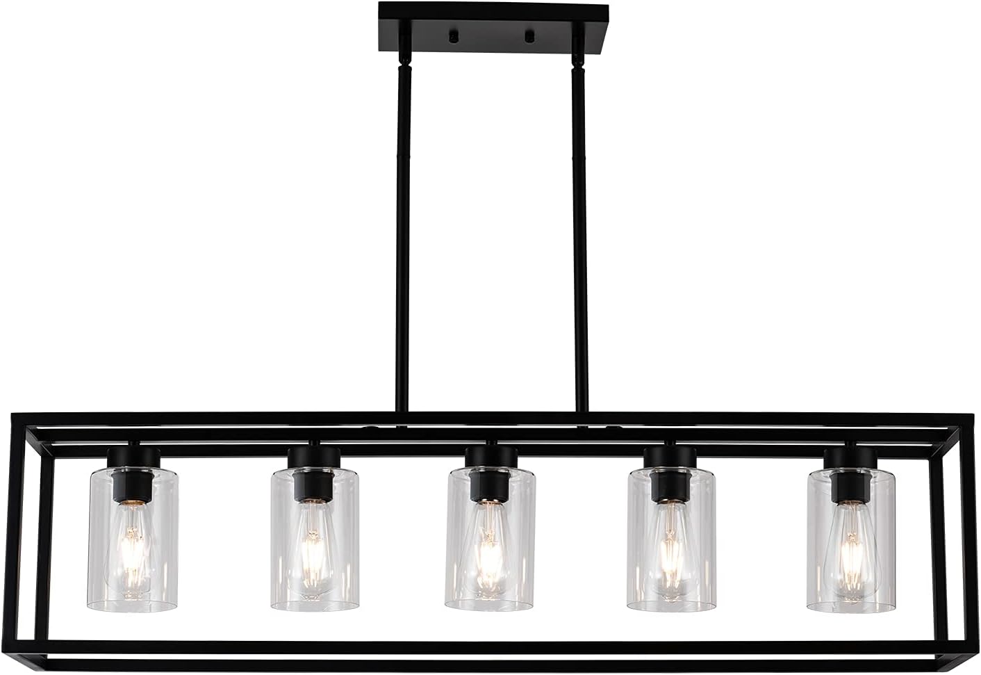CSPRING 5-Light Dining Room Light Modern Farmhouse Pendant Lighting for Kitchen Island with Clear Glass Matte Black Linear Cage Industrial Chandelier Hanging Ceiling Light for Living Room