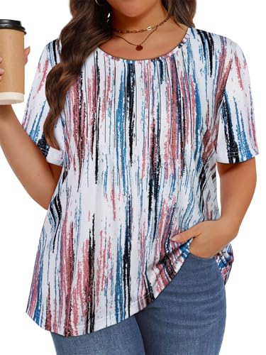 Image of Plus Size Tops for Women Pleated Summer Top Trendy Short Sleeve Shirts Casual Basic Tee Crew Neck Blouses 2026