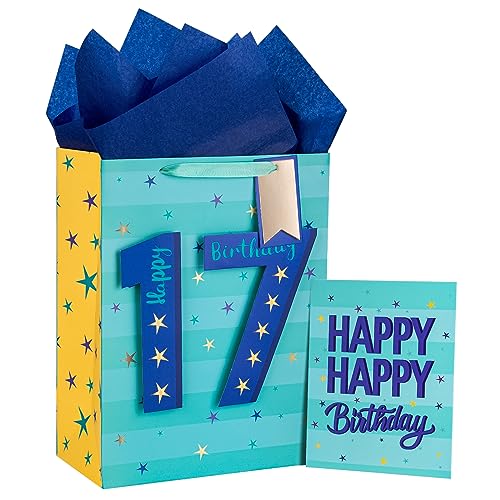 Loveinside Birthday Blue Gift Bag with Tissue Paper, Gift Tag and Greeting Card for Teenager, Party and More, 10