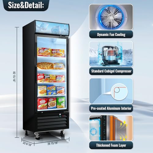 Image of Erivess 20 Cu.Ft Commercial Reach-In Display Upright Freezer, -8 to -1℉ | Merchandiser Freezer with Triple-Pane Single Glass Door, Auto Defrost, LED Top Panel for Restaurants, Cafes, Stores