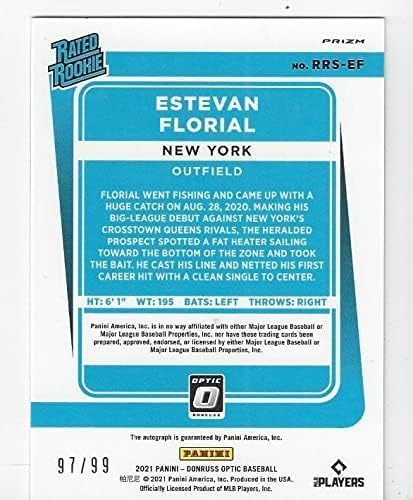 Estevan Florial Autographed & Serial Numbered #97/99 Rated Rookie Prizm Purple Stars Parallel Collectible Baseball Card - 2021 Donruss Optic Baseball Card #RRS-EF (New York Yankees)