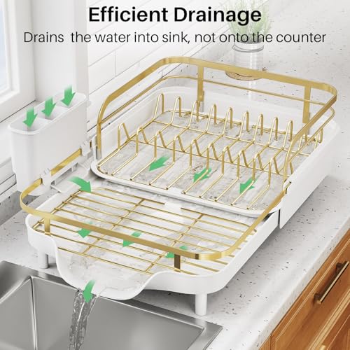 Image of SNTD Dish Drying Rack, Expandable Dish Rack for Kitchen Counter, Stainless Steel Dish Drainer with Drainboard Set and Utensil Holder (Gold)