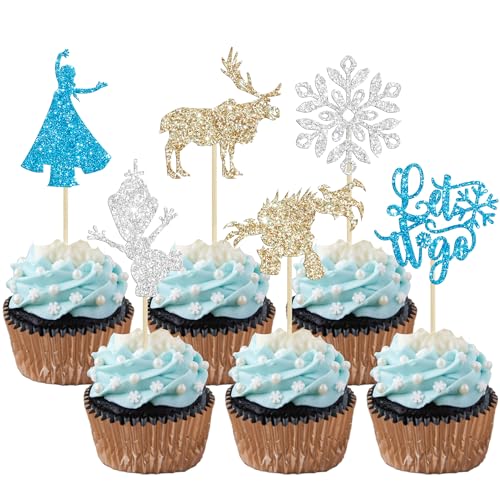 24Pcs Snowflake Cupcake Toppers Glitter Winter Frozen Theme Snowflake Deer Princess Cupcake Pick Decorations for Winter Wonderland Baby Shower Birthday Xmas Party Supplies
