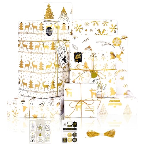 Larcenciel Geschenkpapier Weihnachten Set, 6 Bögen Metallic Glitzer Weihnachtsgeschenkpapier Gold, Eleganter Weihnachtsbaum Schneeflocke Elch Weihnachtspapier für Neujahr, Ferien, Geburtstage, 70x50cm