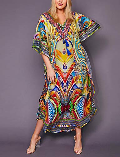 Bsubseach Vestido feminino longo saída de praia com estampa turca Kaftan, Ethnic Print 1, tamanho �n
