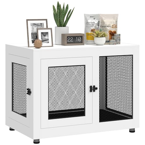 PawHut Gabbia per Cani Taglia Grande max. 30 kg da Interno, Casetta per Cani con 2 Porte Bloccabili, Piedini Regolabili e Cuscino Lavabile, Acciaio e Legno, 94x60x71.5 cm, Bianco