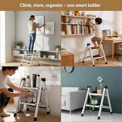 Image of Plantex 2 Step Ladder for Home Use /Wide Anti-Slip Heavy-Duty Step Stool /Lightweight Kitchen Ladder (White)