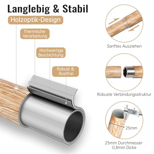 DEFYNEE Gardinenstange 76-152 cm | Metall mit Holzoptik, Ø 25 mm | Vorhangstange Ausziehbare Wand- & Deckenmontage | Für Wohnzimmer, Schlafzimmer, Terrasse - Hellbraun