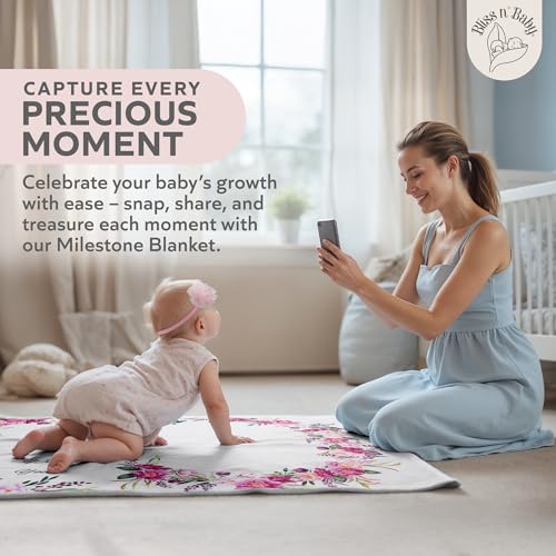 Bliss n' Baby Monthly Milestone Blanket for Baby Girl - 60"x40" - Wrinkle Free Baby Age Month Blanket with Growth Chart - Washable & Dryable - w/Wreath & Headband - Floral Theme