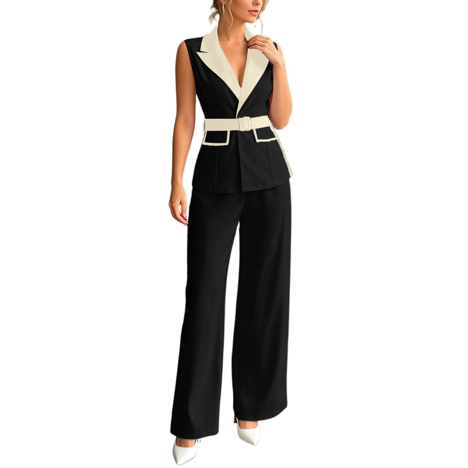 Traje de pantalón para mujer informal elegante chaleco blazer cuello V 7