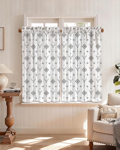 Image of Miss Adola Boho Kitchen Curtains - 45 Inch Length Linen Blend Western Cow Cafe Curtains Western Tier Curtain Short Drapes Rod Pocket for Bathroom Living Room Windows Light Filtering, 2 Panels