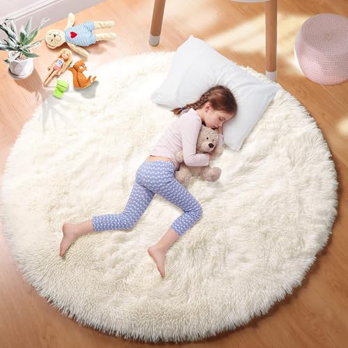 Image of PAGISOFE Cream White Round Rugs 5Ft, Fluffy Shaggy Ivory Carpets, Rugs for Girls Boys Baby Kids Bedroom, Indoor Furry Comfy Teepee Mats, Circular Rug for Reading Area Nursery Room Decor Aesthetic