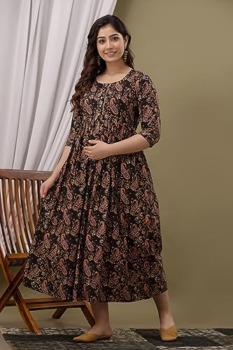 Image of Maternity Feeding Kurti for Women | Cotton Blend Anarkali Dress with Nursing Zip for Pre & Post Pregnancy