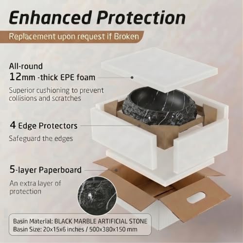 Image of BASSINO 20x15x6 Inches Artificial Stone Table Top Washbasin /Black Marble Stone Texture Luxury Countertop Sink /Modern Rock Finish Wash Basin for Home-Hotel /Designer Oval Shape Basin for Bathroom(Matte)