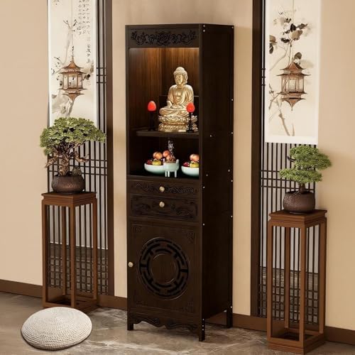 Meditation Altar Table & Pooja Cabinet with Drawer, Bamboo Pedestal, 20.9-27.6'' Width, 2-Door Design for Worship & Prayer in Homes and Temples