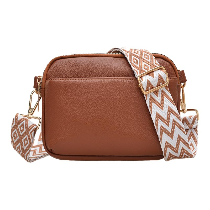 Bolsa tiracolo pequena feminina de couro vegano, alça ajustável, bolsa de ombro pequena com vários bolsos, Marrom, Casual