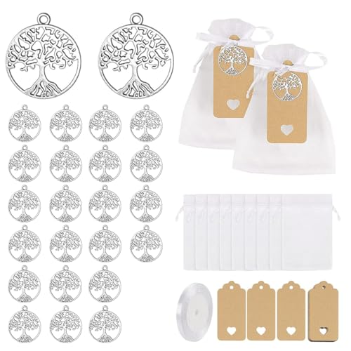 PYEUIFT Lot de 24 Pendentifs Arbre de Vie avec 24 Sachets Organza, 24 Étiquettes Kraft et 1 Ruban – Cadeaux Invités Baptême, Mariage, Communion, Baby...